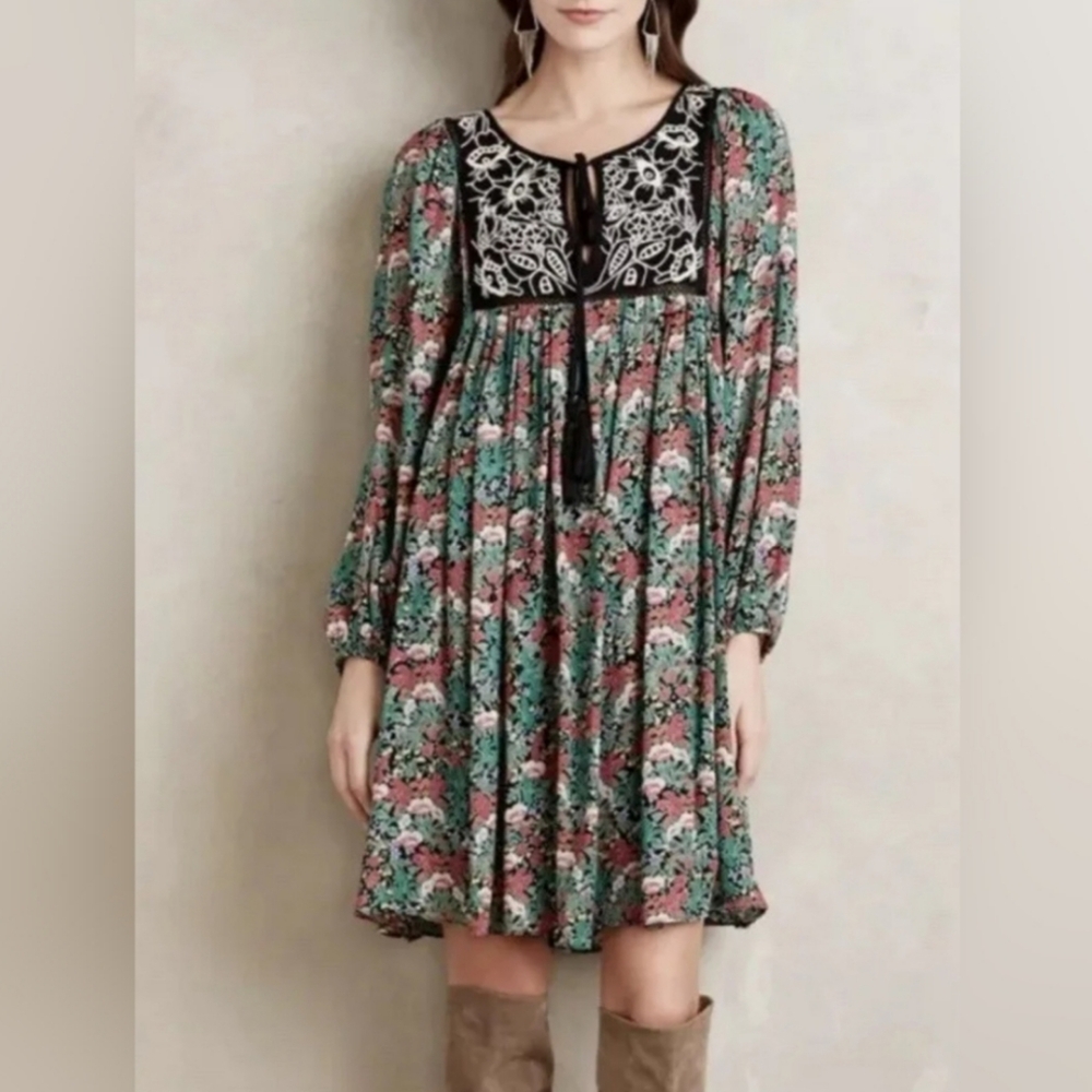 Anthropologie Floreat Ottava Babydoll Dress S Floral Chiffon Long Sleeve Tunic